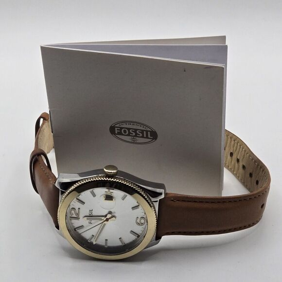Fossil Womens Boyfriend Oversized Watch Two-Tone Brown Leather Date Indicator - Picture 3 of 10